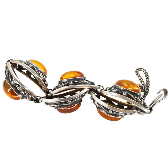 Sterling Silver Filigree Bracelet Baltic Amber Cabs Eastern European 7.5 In Read - Picture 12 of 14